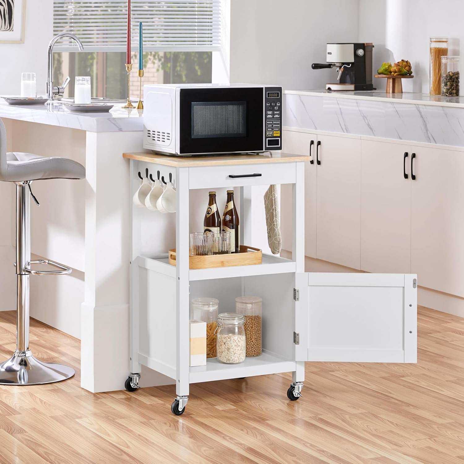 Rolling Kitchen Island Cart with Storage and Drawer, Features Wood Top and 6 Side Hooks, White Finish