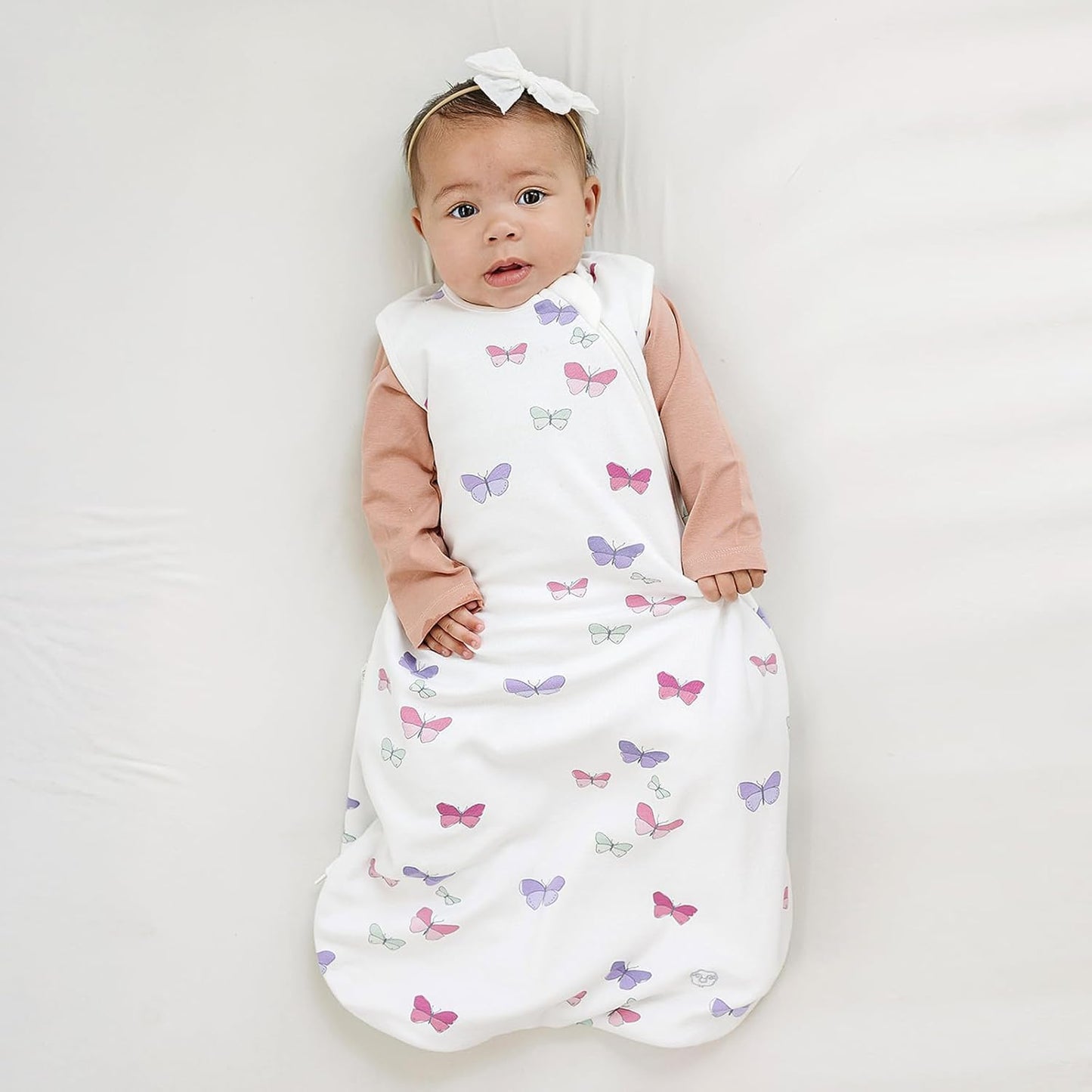 Merino Wool and Organic Cotton Baby Sleeping Bag - Classic 4-Season Sleep Sack with Two-Way Zipper for Ages 18-36 Months - Butterfly Design