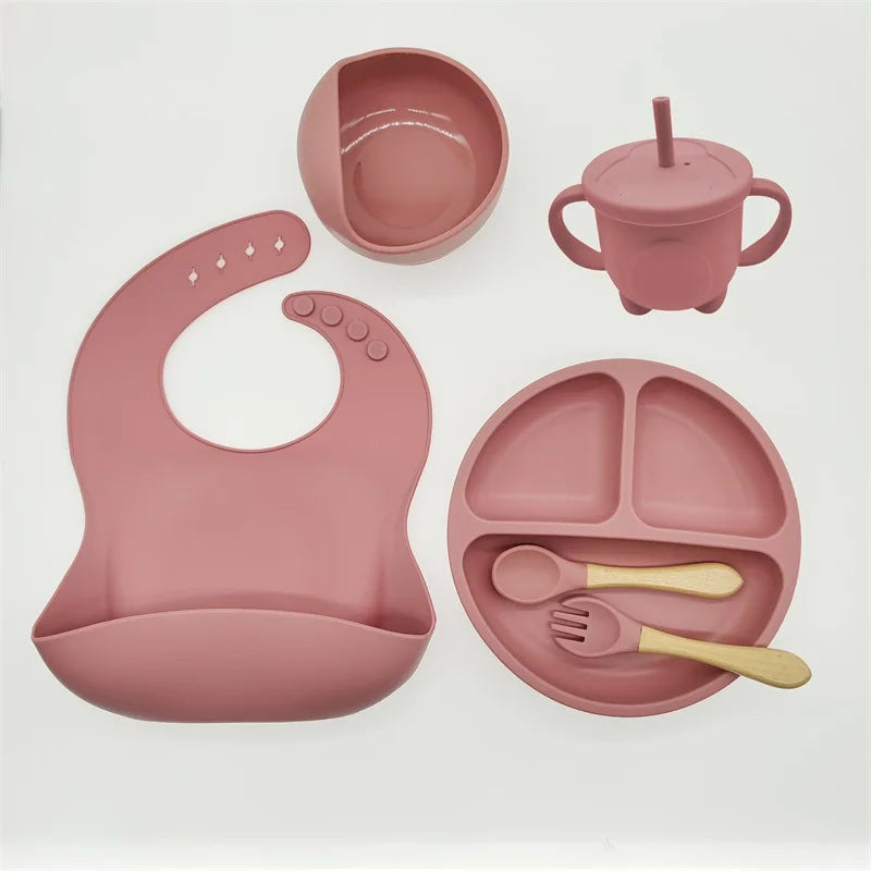 Children's Silicone Tableware Set - 6/8-Piece Dining Essentials with Suction Cups, Forks, Spoons, Bibs, Straws, and Cups for Mothers and Babies