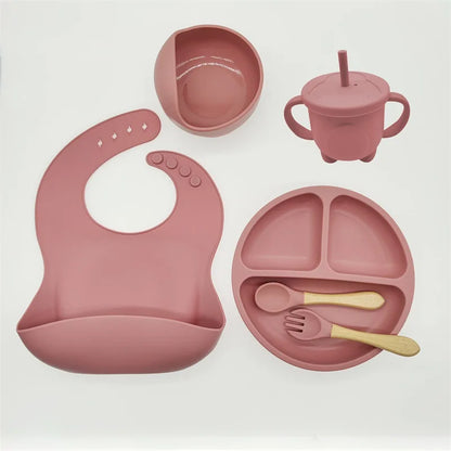 Children's Silicone Tableware Set - 6/8-Piece Dining Essentials with Suction Cups, Forks, Spoons, Bibs, Straws, and Cups for Mothers and Babies