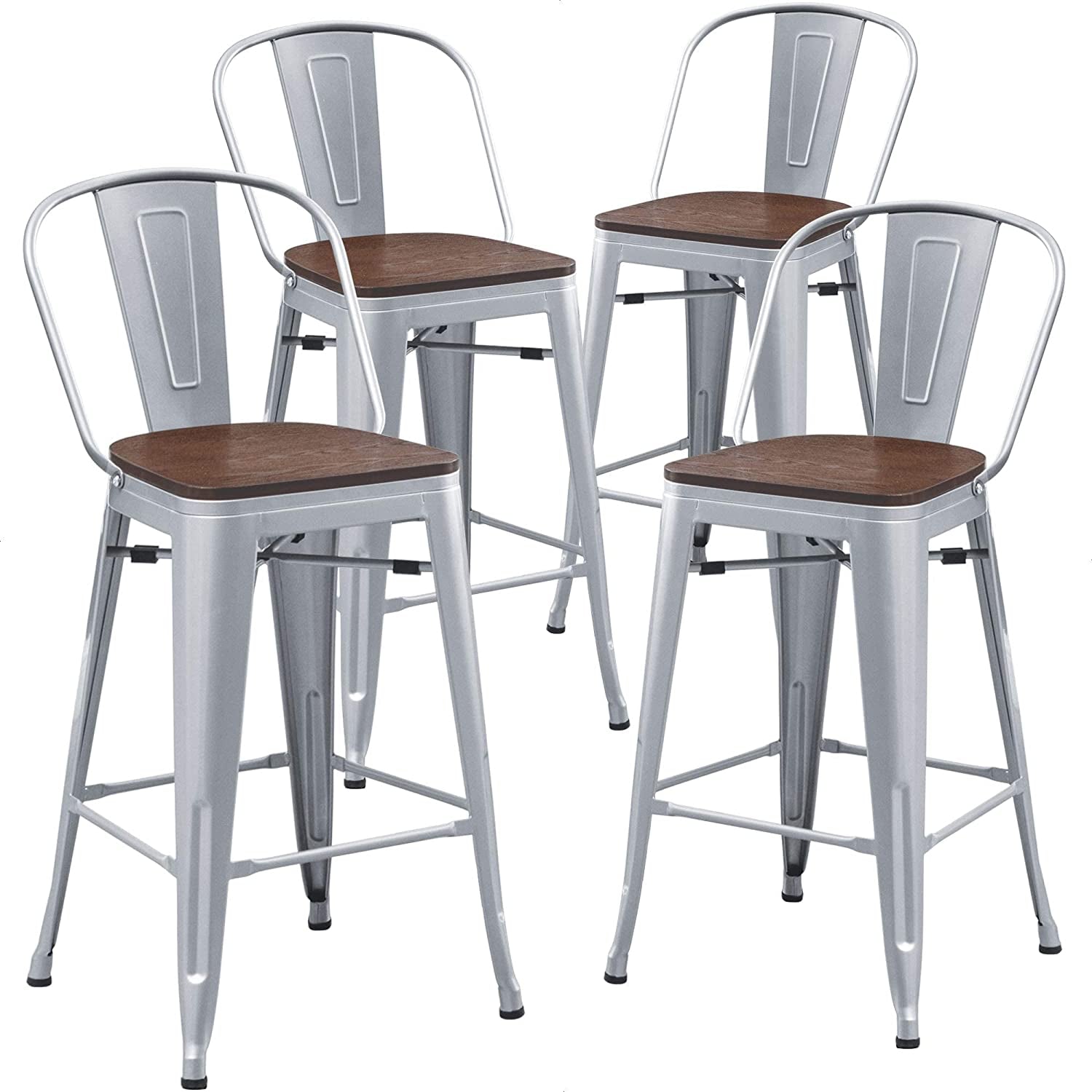 Set of 4 Industrial Metal Bar Stools, 26-Inch Counter Height with Backs, Farmhouse Style, Silver Finish
