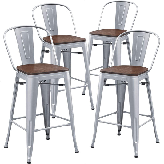Set of 4 Industrial Metal Bar Stools, 26-Inch Counter Height with Backs, Farmhouse Style, Silver Finish