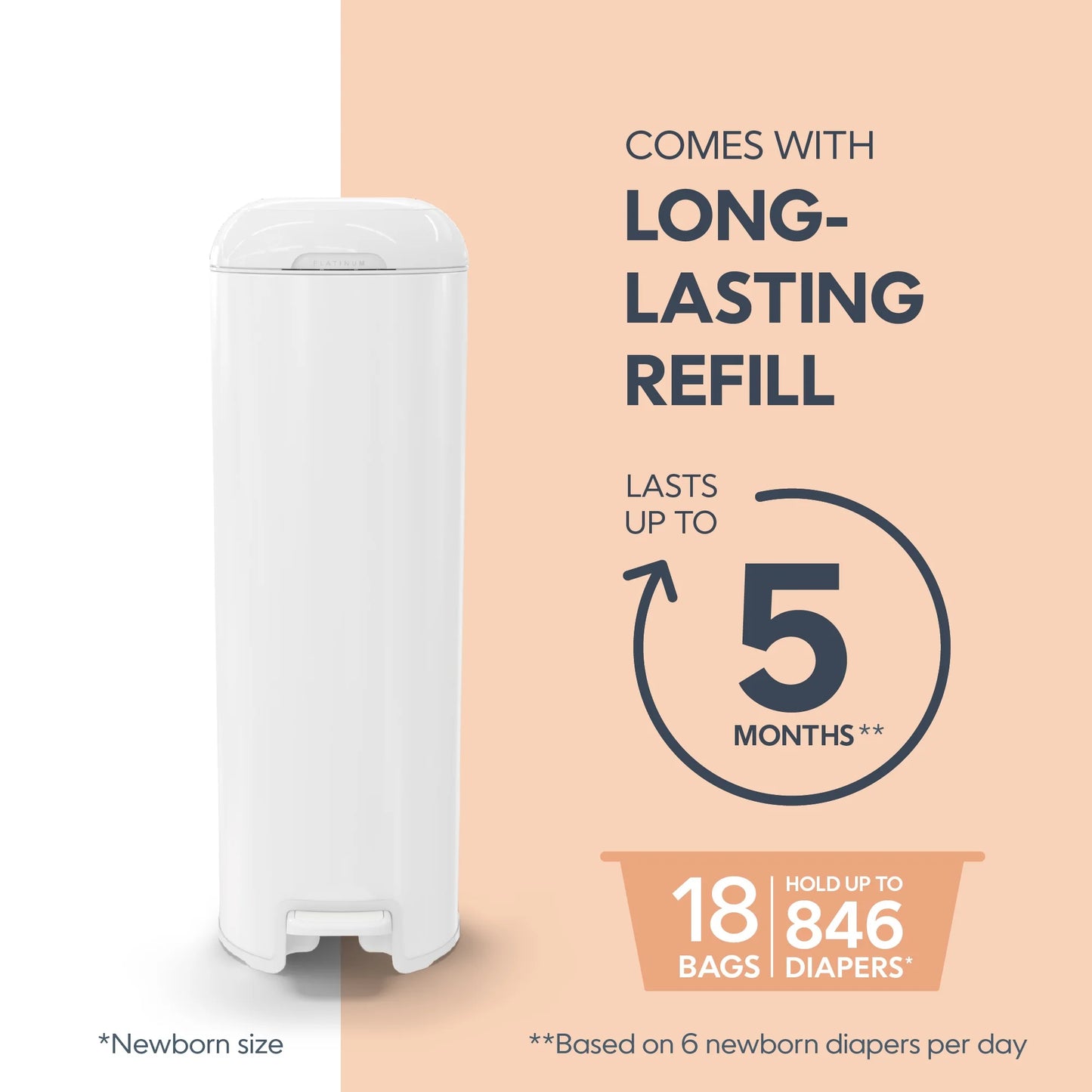 Platinum White Stainless Steel Diaper Disposal System with 18 Roll Bags for Infants