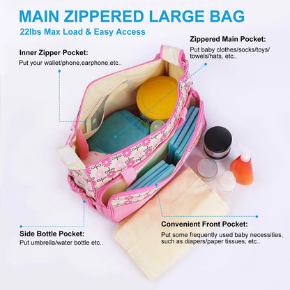 Sophisticated 5-Piece Insulated Baby Diaper Tote Set Featuring Messenger Bag, Handbag, and Food/Bottle Bag in Pink