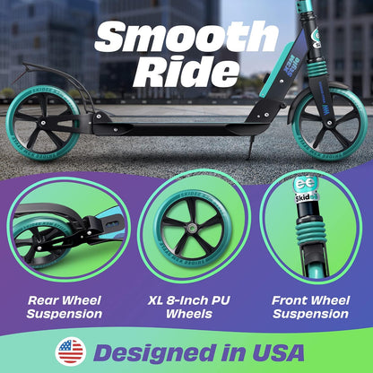 Adjustable Height Adult and Teen Scooter with Folding Design, Large Wheels, Lightweight Construction, Durable Anti-Shock Suspension, Supports up to 220 lbs