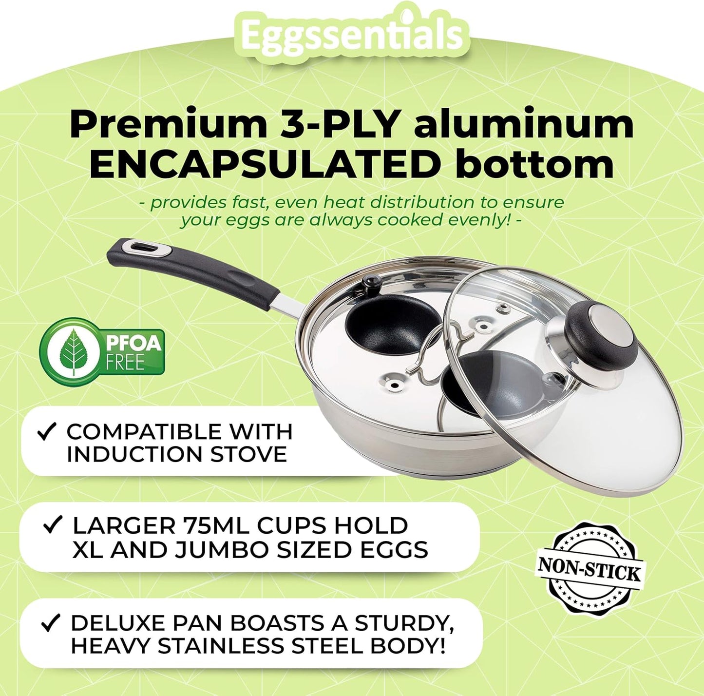 Egg Poacher Pan Nonstick Coating - Poached Egg Cooker, Stainless Steel Egg Poaching Pan PFOA Free with Spatula, Poached Egg Maker, Egg Poachers Cookware