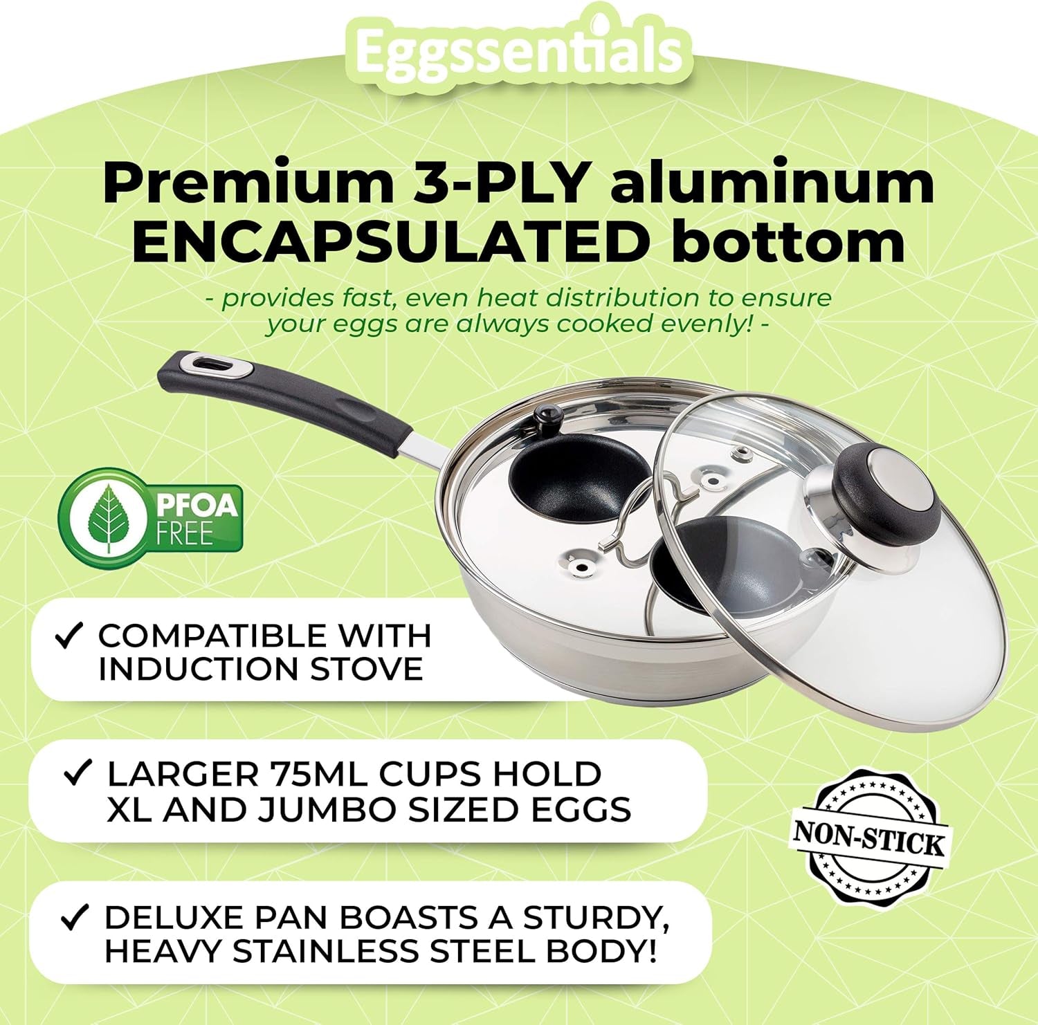 Egg Poacher Pan Nonstick Coating - Poached Egg Cooker, Stainless Steel Egg Poaching Pan PFOA Free with Spatula, Poached Egg Maker, Egg Poachers Cookware
