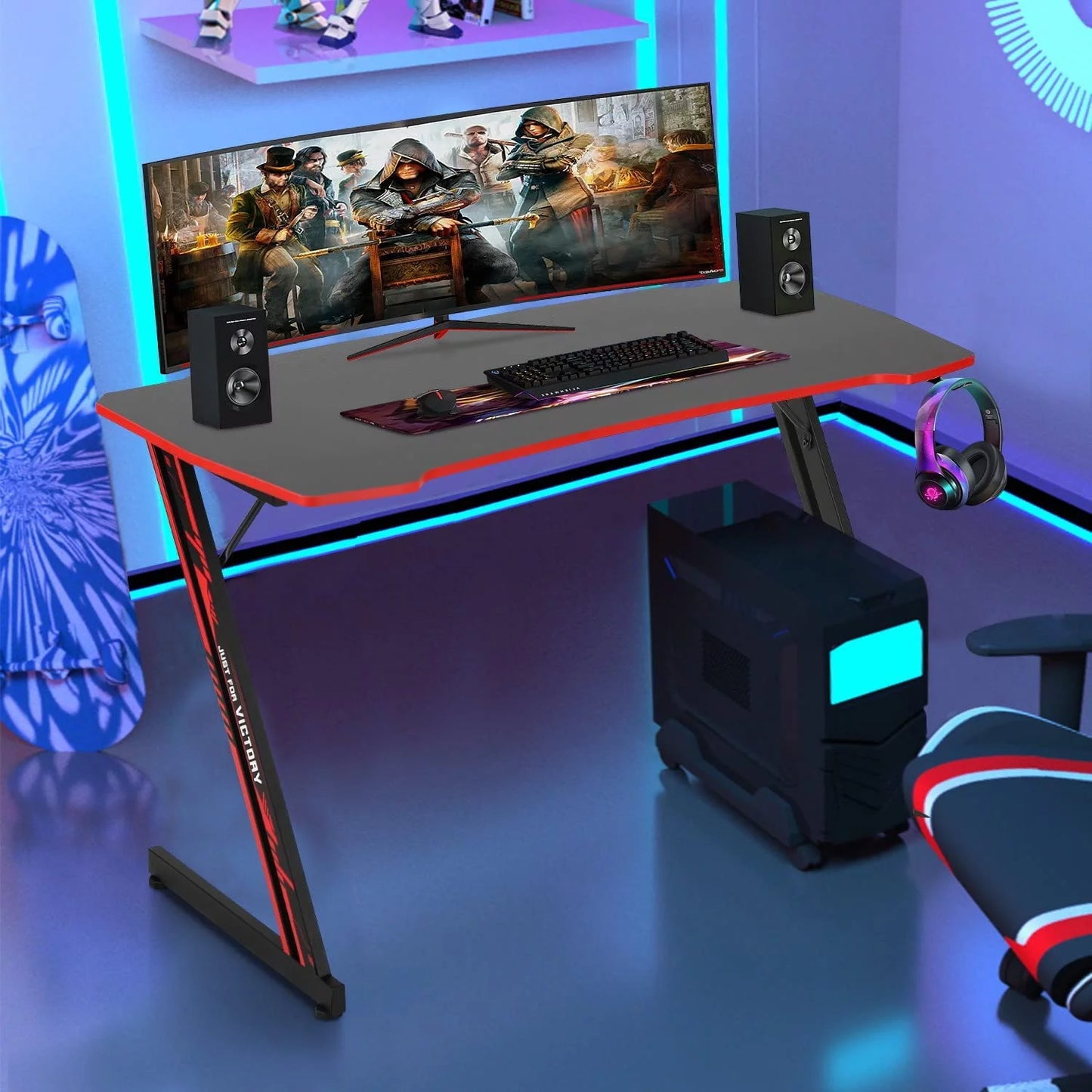 47-Inch Z-Shaped Gaming Desk with Headphone Hook for Home Office, Red