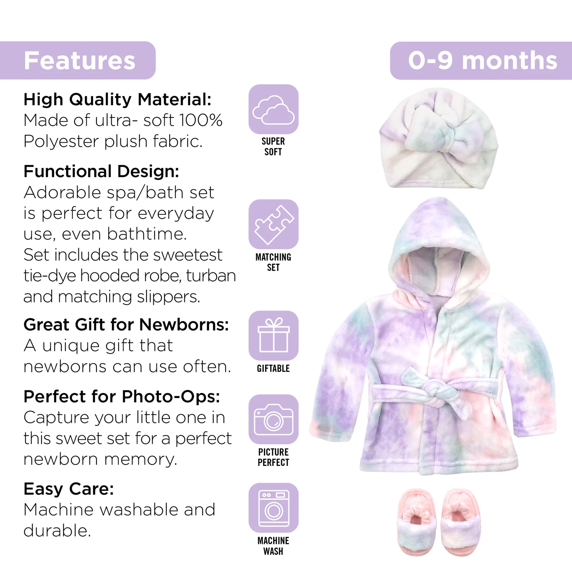 Infant Tie Dye Soft Plush Bathrobe Set with Coordinating Towel, Slippers, and Turban (12-24 Months)