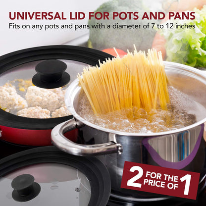 Universal Lids (Set of 2) Fits 7 to 12-Inch Cookware, Silicone Replacement Pan Lid, Glass Top Covers for Skillets, Pots, Frying Pans, Cast Iron, Crockpot - Black