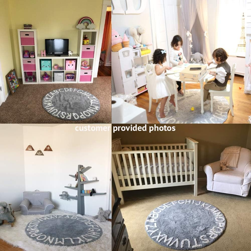 ABC Kids Rug - 59-Inch Round Cotton Alphabet Carpet in Grey and White, Soft and Educational for Playroom and Nursery