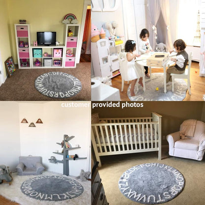 ABC Kids Rug - 59-Inch Round Cotton Alphabet Carpet in Grey and White, Soft and Educational for Playroom and Nursery