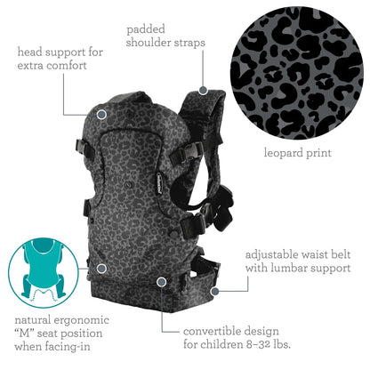 4-in-1 Convertible Baby Carrier - Unisex Multi-Position Design for Infants (0+ Months, 8-32 lbs) in Black and Gray Leopard Print