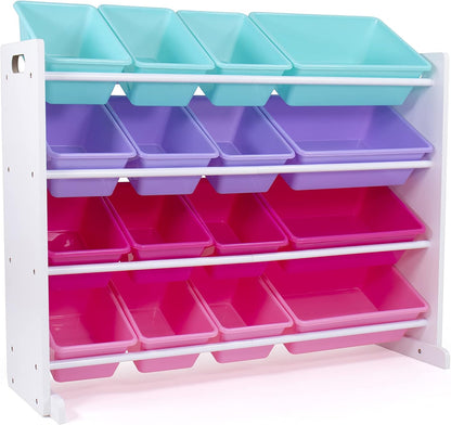 Large Toy Storage Organizer with 16 Removable Bins in White, Blue, Pink, and Purple - Ideal for Toddlers' Rooms, Playrooms, and Nurseries - Modern Design for Effective Toy Organization