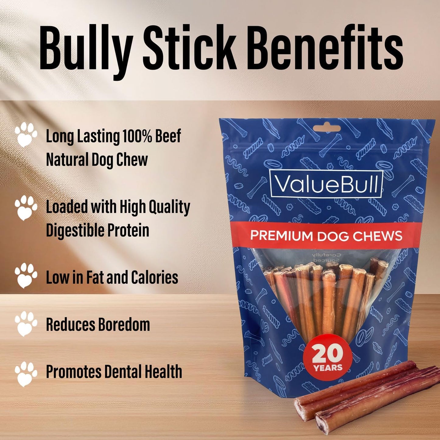 Bully Sticks for Large Dogs, Super Jumbo 6 Inch, 50 Count - All Natural, Grass Fed, Single Ingredient, Long Lasting Dog Treats for Aggressive Chewers