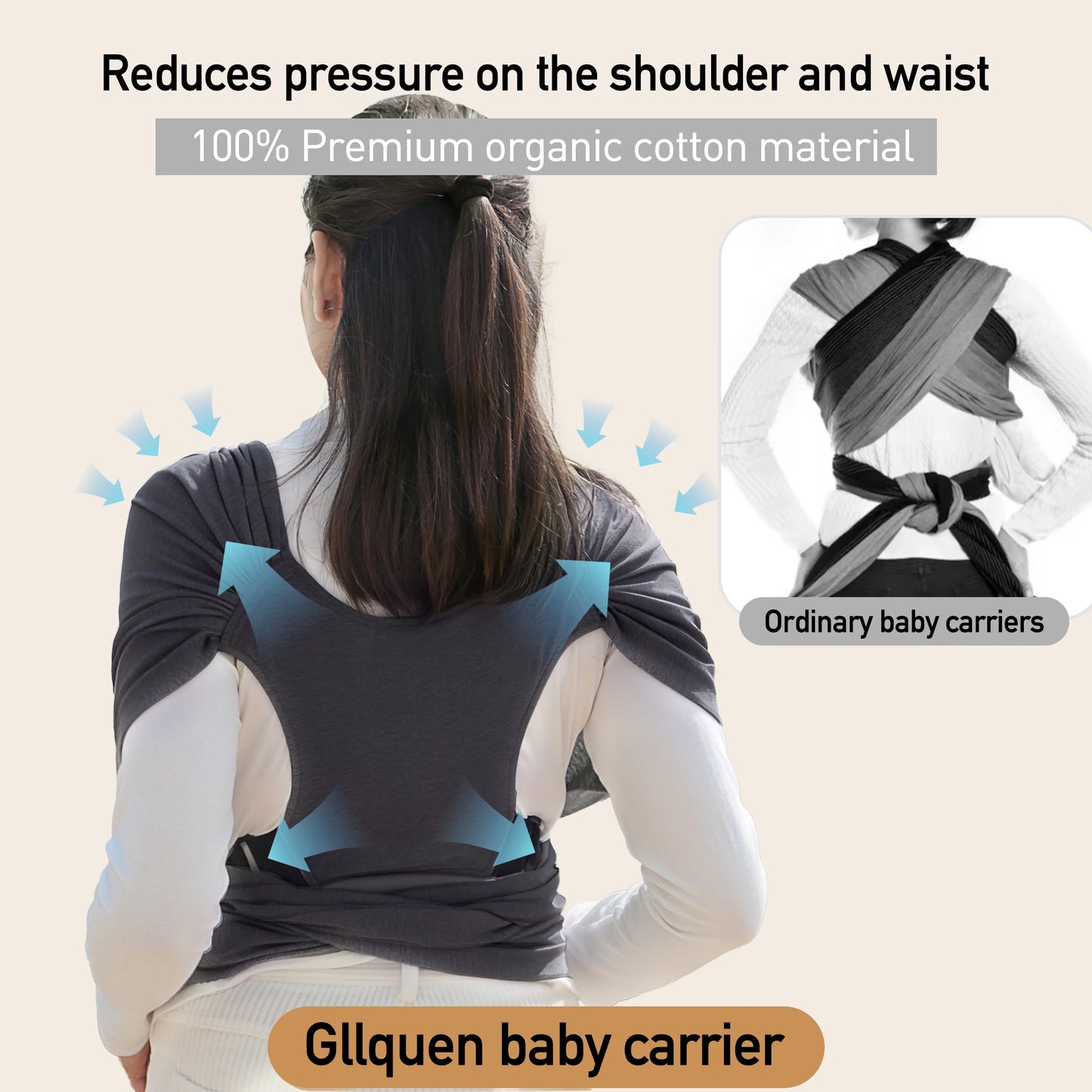 Organic Cotton Infant and Toddler Wrap Carrier in Dark Gray, Supports Weights Up to 35 lbs