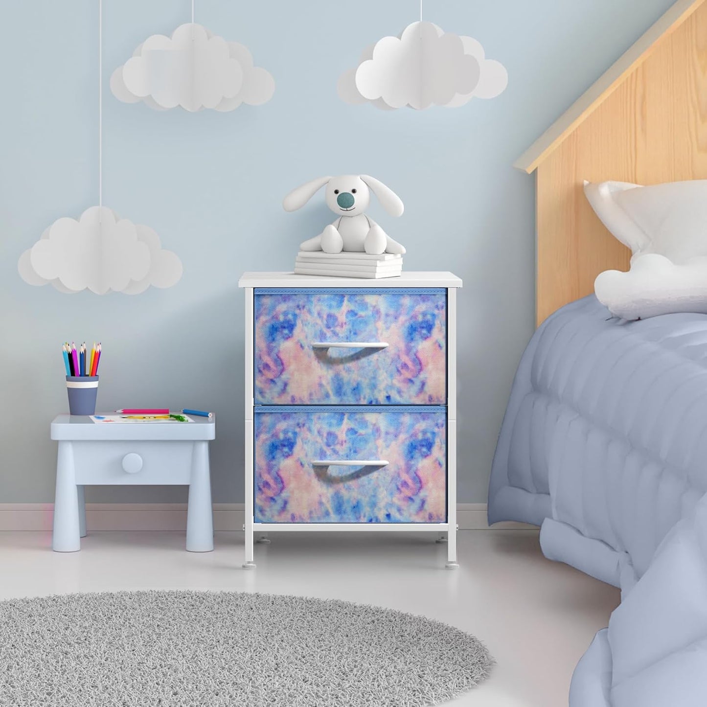 Kids Nightstand with Two Drawers - Steel Frame and Wood Top End Table with Fabric Bins - Versatile Dresser and Chest for Home, Bedroom, Office, and College Dorm