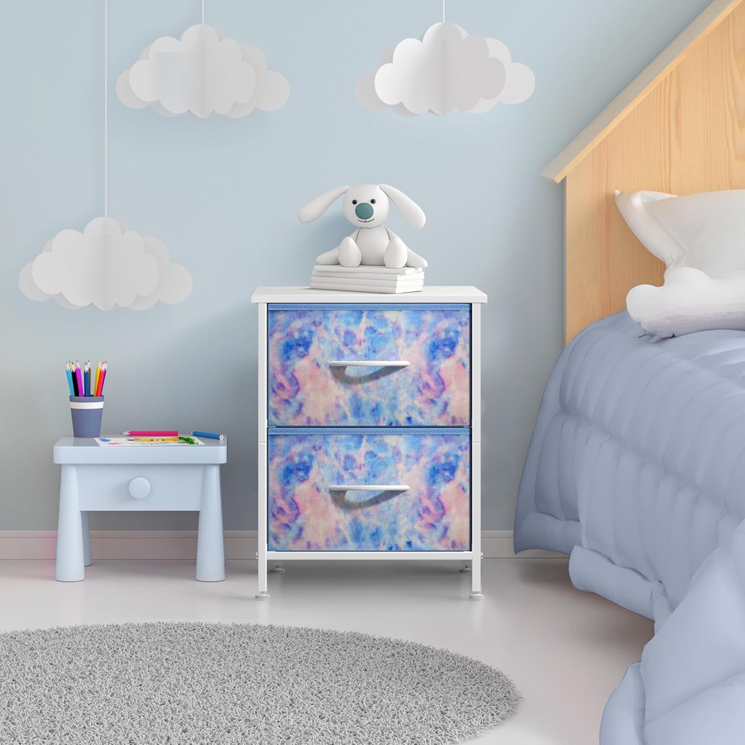 Kids Nightstand with Two Drawers - Steel Frame and Wood Top End Table with Fabric Bins - Versatile Dresser and Chest for Home, Bedroom, Office, and College Dorm