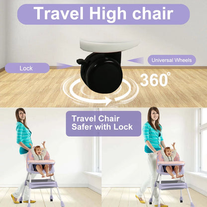 Convertible 4-in-1 Portable Baby High Chair with Five-Point Safety Harness, Dining Plate, and Toy Storage in Purple