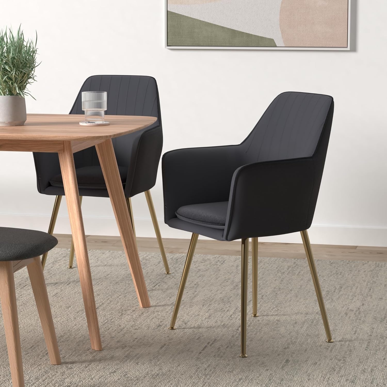 Mid-Back Velvet Dining Chair Set of 2 - Modern Leisure Armchair with Gold-Plated Legs, Upholstered Living Room Chairs (Black)