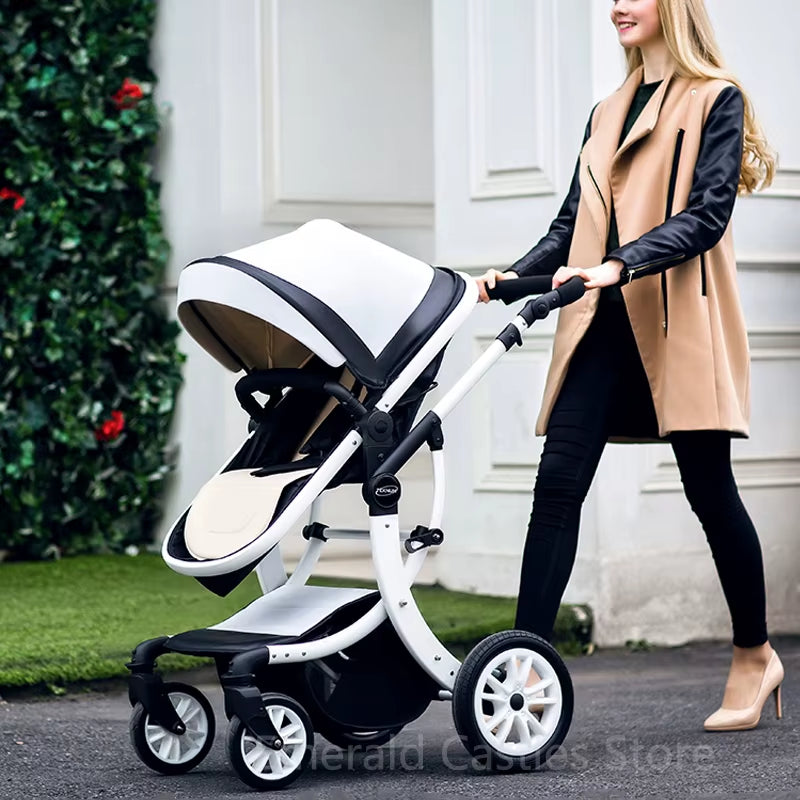 Luxury 3-in-1 Baby Stroller and Car Seat System - 2025 New PU Leather High Landscape Portable Pushchair in White