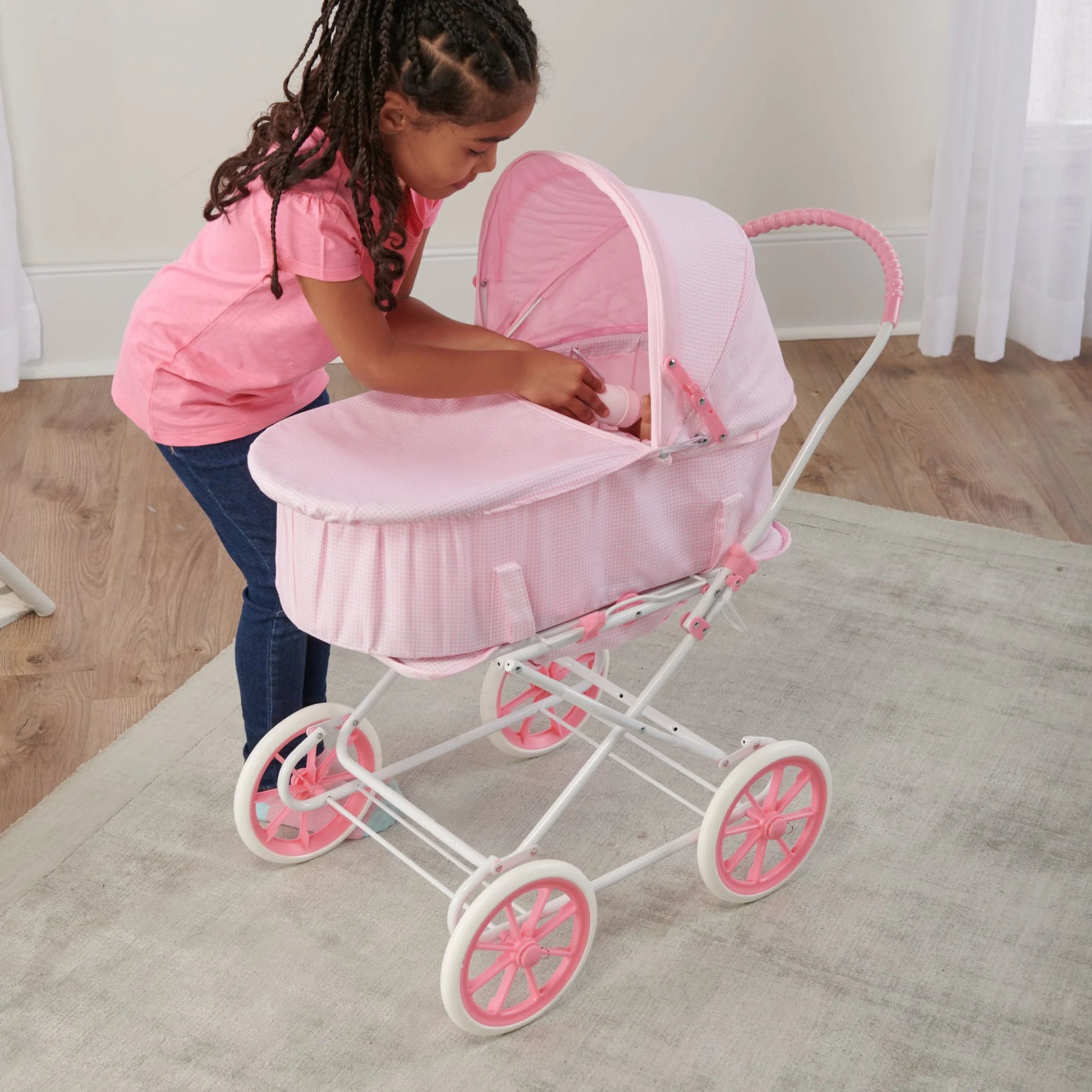 3-in-1 Pink Gingham Doll Pram, Carrier, and Stroller Set
