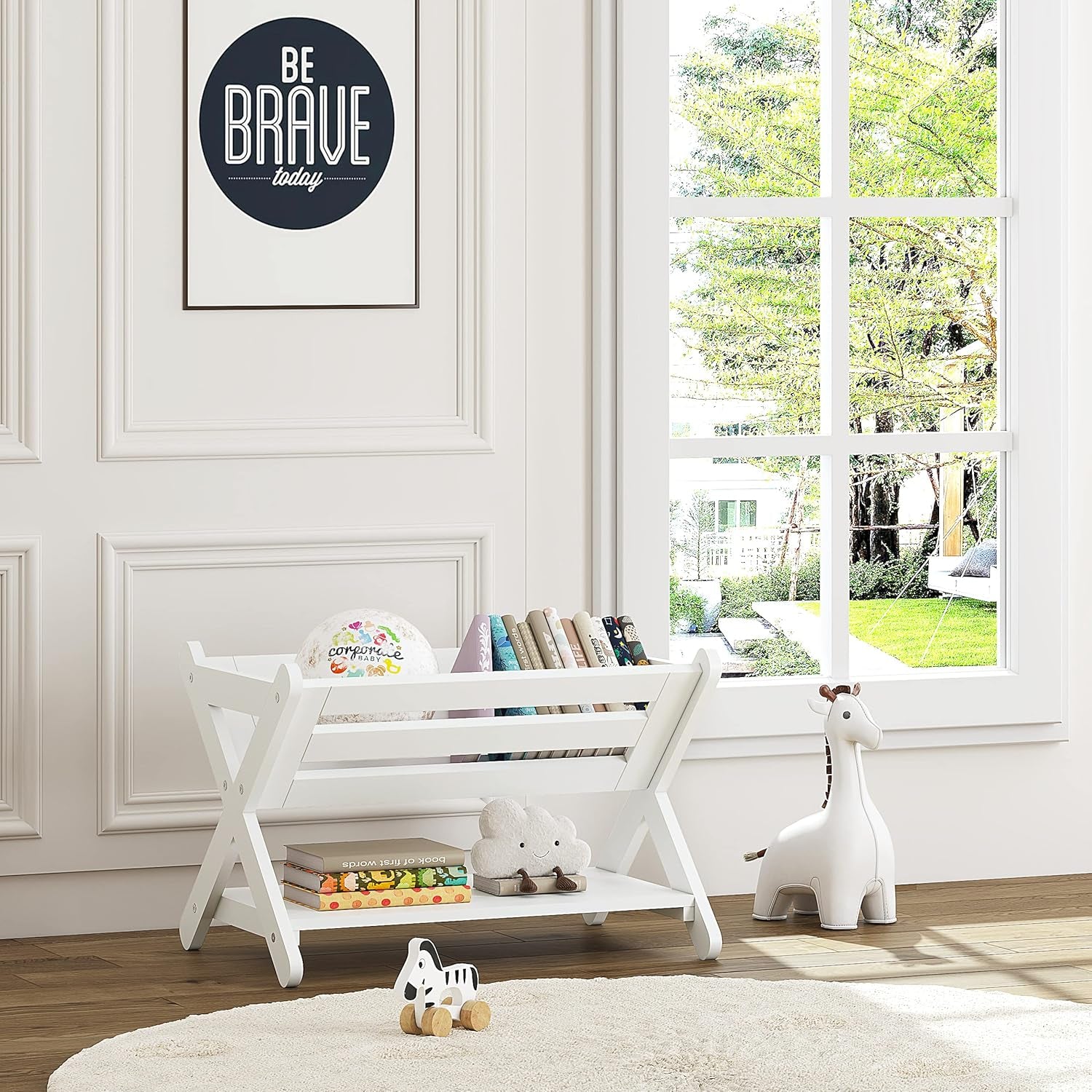 Children's Bookshelf with Caddy - Toddler Book Storage Organizer for Kids' Rooms, Nurseries, and Playrooms in White