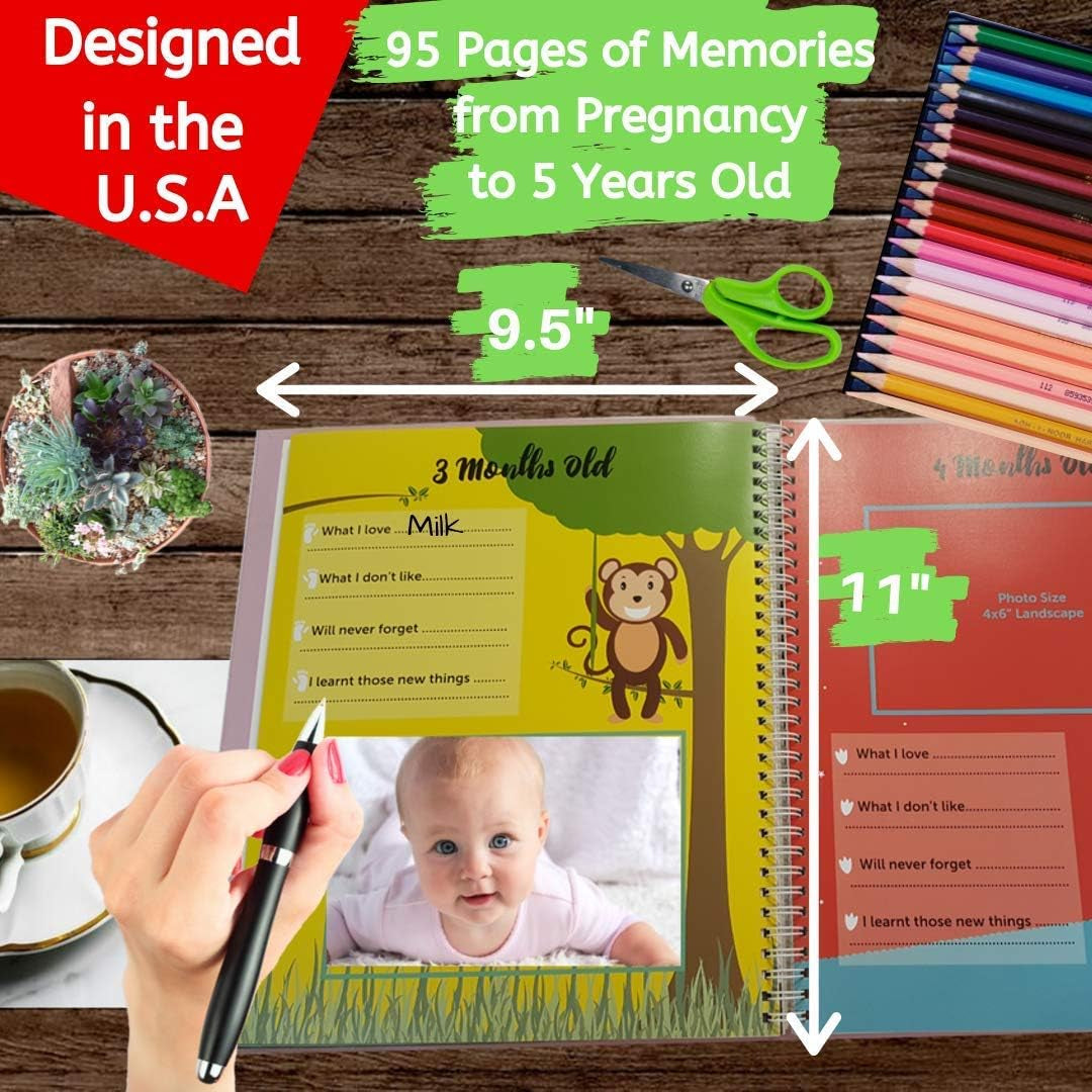 Deluxe Baby Memory Journal for the First 5 Years with 48 Monthly Milestone Stickers and Non-Toxic Clean-Touch Ink Pad
