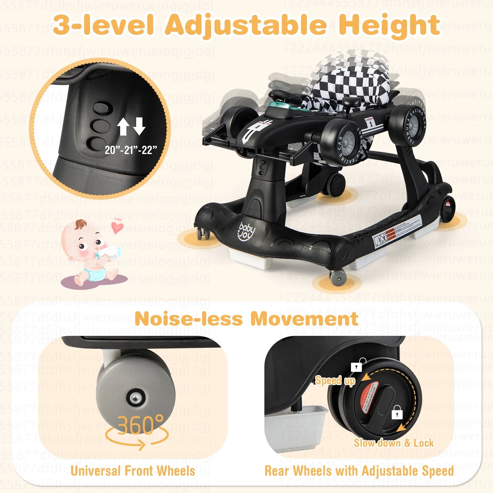 Adjustable 4-in-1 Foldable Baby Walker and Activity Push Walker - Black