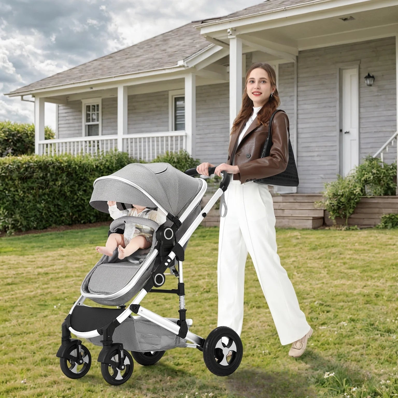 3-in-1 Convertible Baby Stroller with Spacious Seating, Adjustable Canopy, and Lightweight Design in Light Grey
