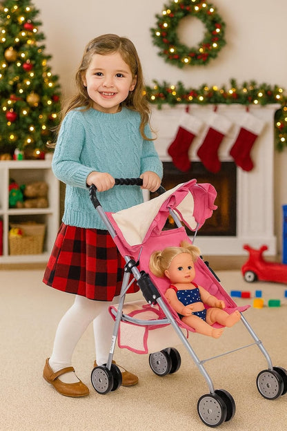 Elegant Doll Stroller with Basket - Pink and Off-White Foldable Stroller for Dolls up to 18 Inches, Featuring Two Complimentary Magic Bottles