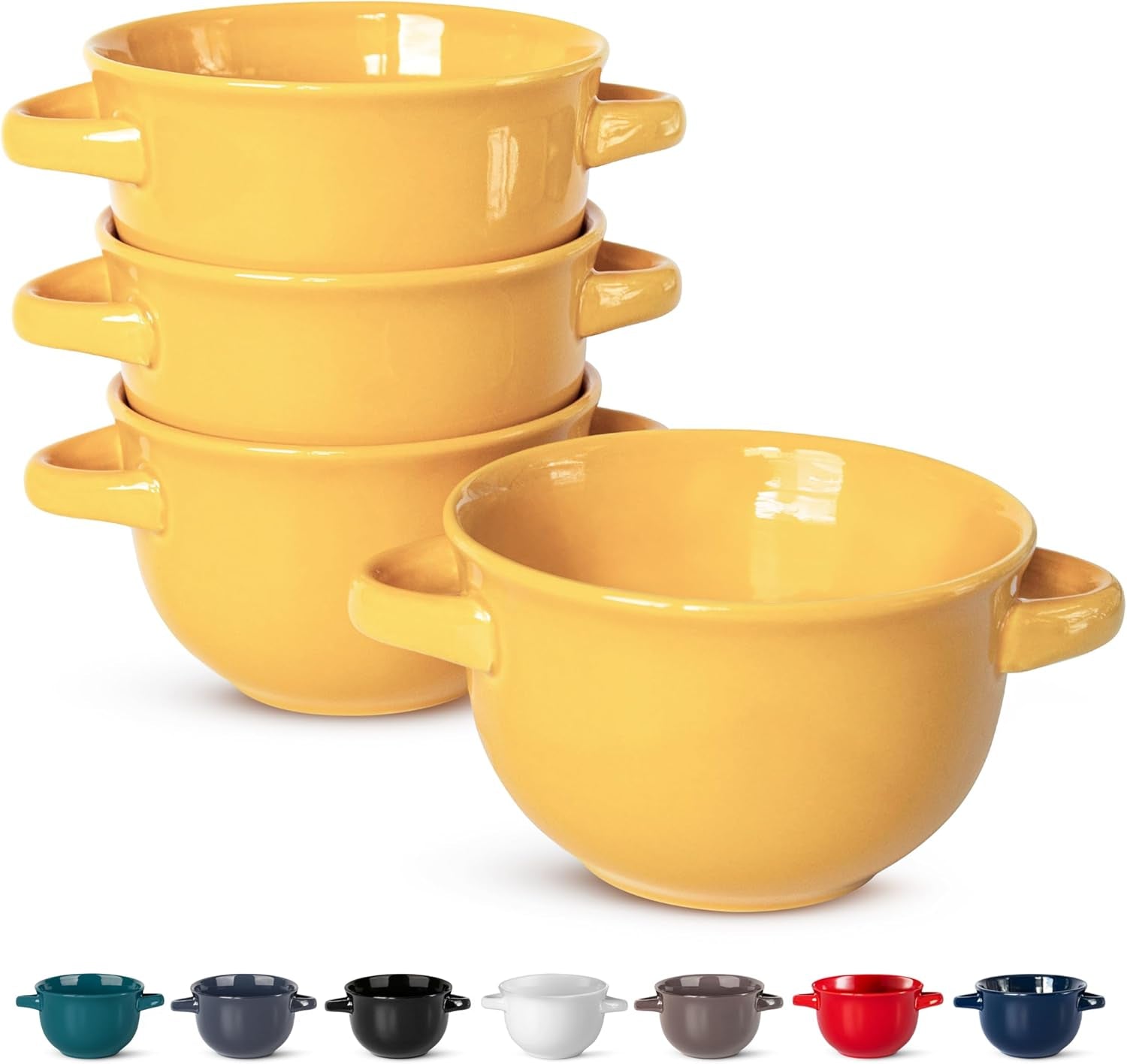 French Onion Soup Bowls, Crocks, Oven Safe Bowls, Soup Mugs, Ceramic Bowls, Dishwasher, Microwave, Set of 4, 18 Oz (Yellow)