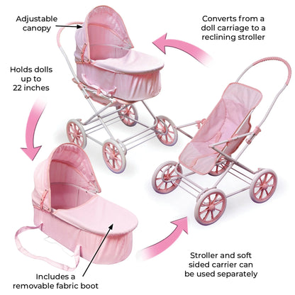 3-in-1 Pink Gingham Doll Pram, Carrier, and Stroller Set