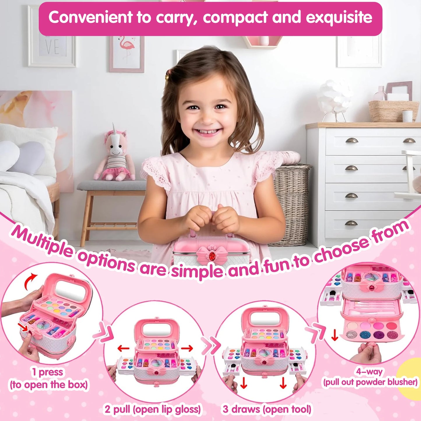 Girls Makeup Toys Kit, 57 Pcs Pretend Play Makeup Toys for Kids with Real Cosmetic, Kids Makeup Set Toys for Girls 3-6 Year Christmas Birthday Gifts