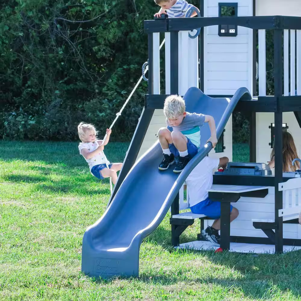 Canyon Creek White Outdoor Kid'S Playground Set W/ Rock Wall, Wave Slide, Web Swing, and Playset Kitchen