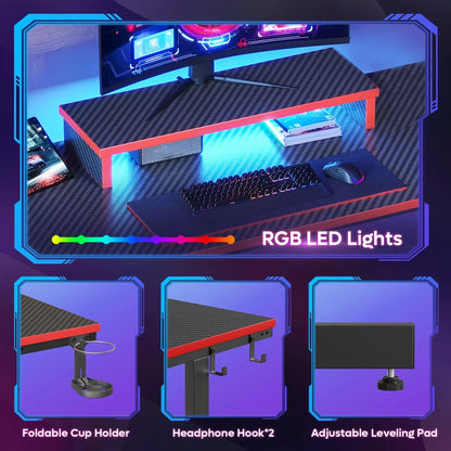 42-Inch Gaming Desk with LED Lighting and Monitor Stand in Red for PC and Office Use