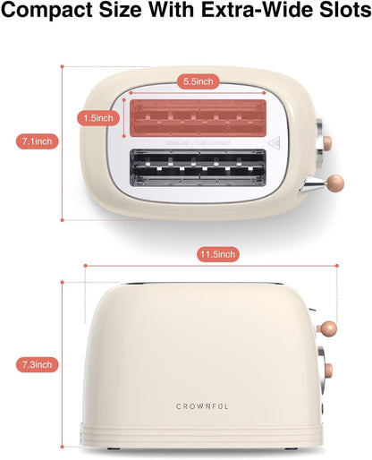 2-Slice Toaster, Extra Wide Slots Toaster, Retro Stainless Steel with Bagel, Cancel, Defrost, Reheat Function and 6-Shade Settings, Removal Crumb Tray, Cream