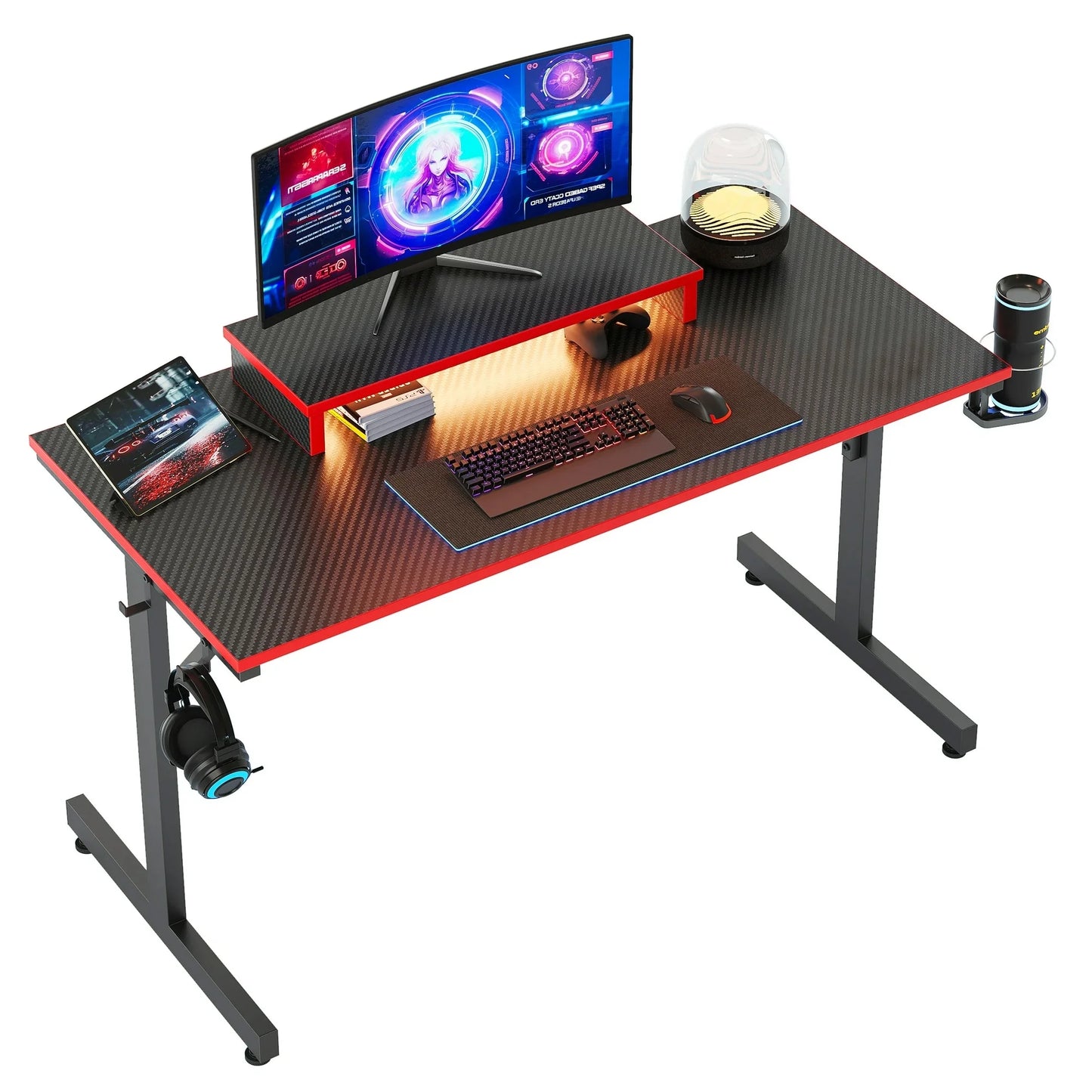 42-Inch Gaming Desk with LED Lighting and Monitor Stand in Red for PC and Office Use