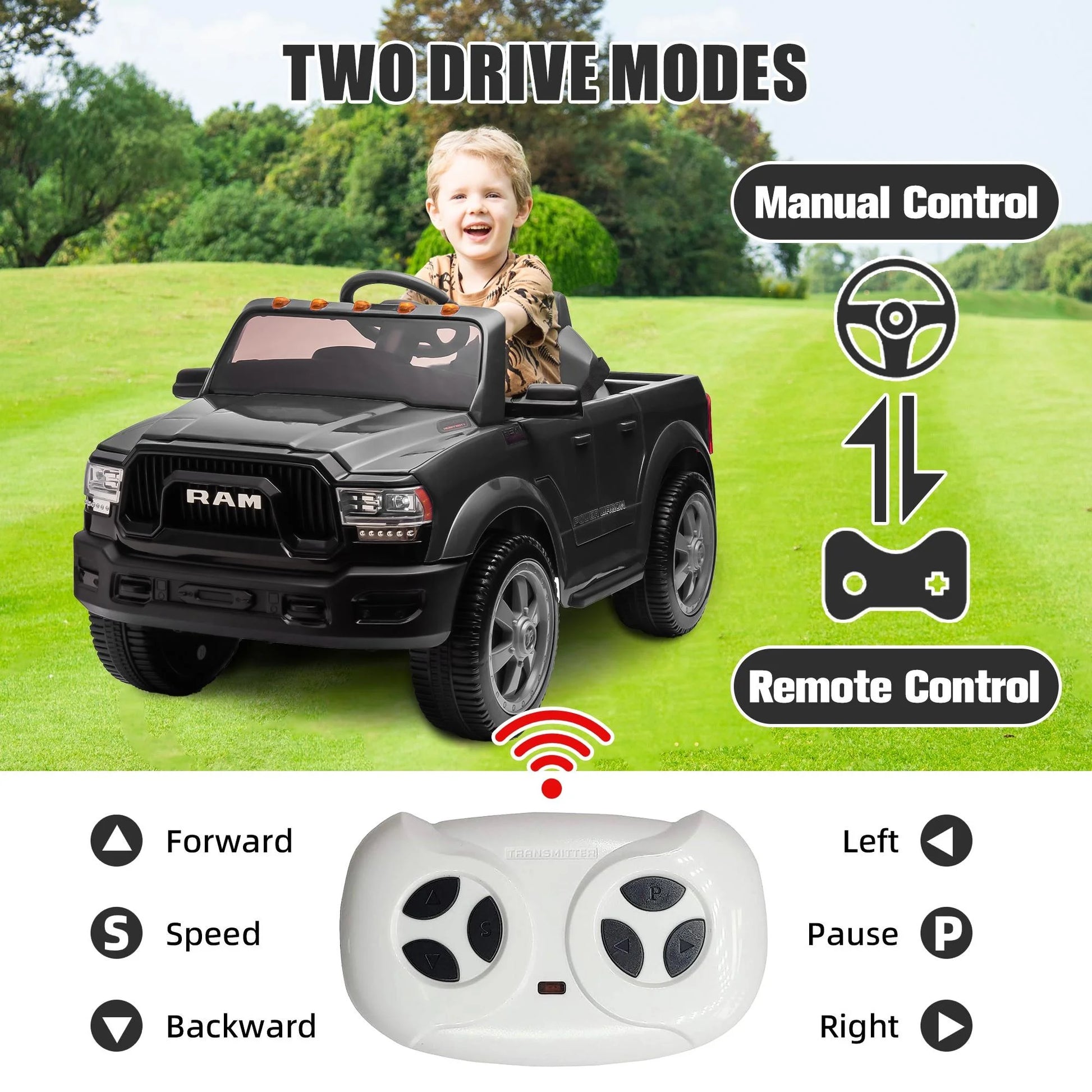 Dodge RAM 12V Electric Ride-On Car with Remote Control, Rear Wheel Suspension, 5-Point Safety Belt, MP3 Player, Bluetooth, LED Lights - Ideal for Children Ages 3-8, Black