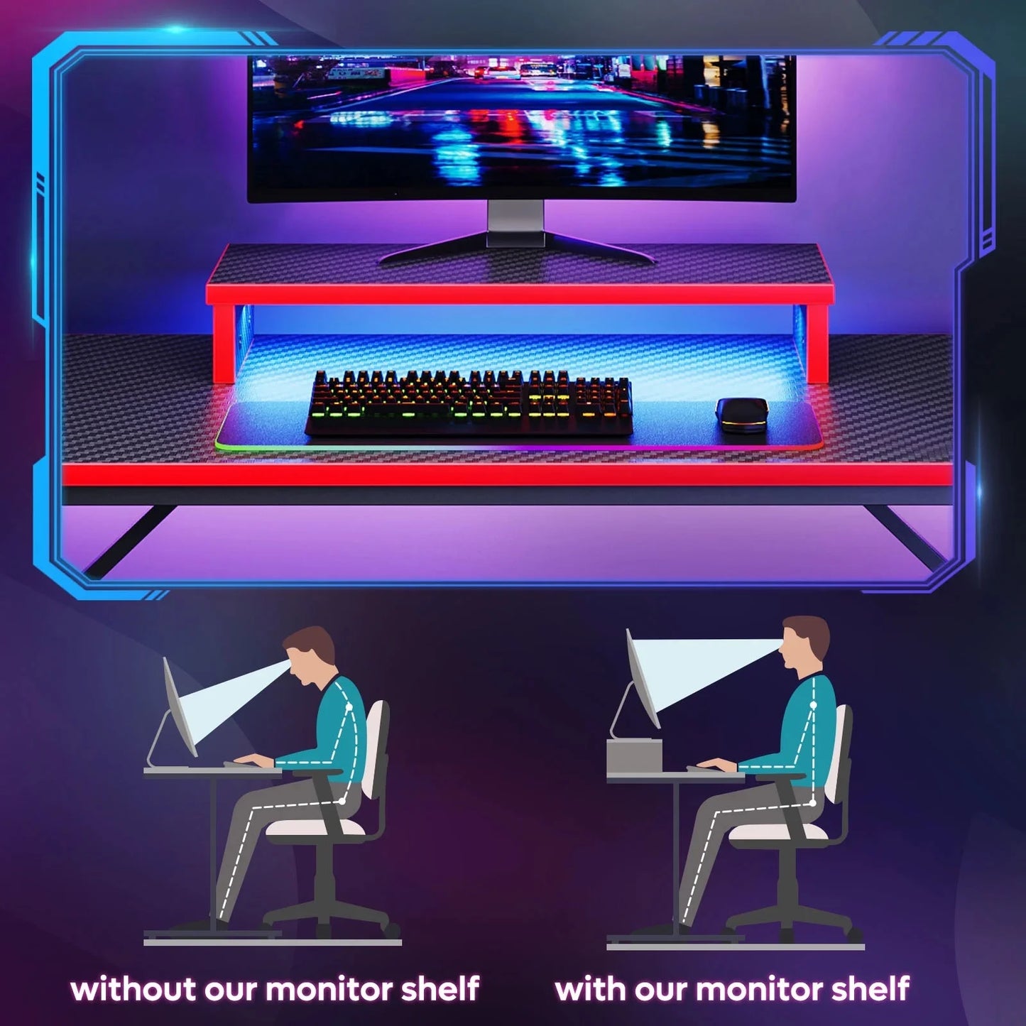 42-Inch Gaming Desk with LED Lighting and Monitor Stand in Red for PC and Office Use