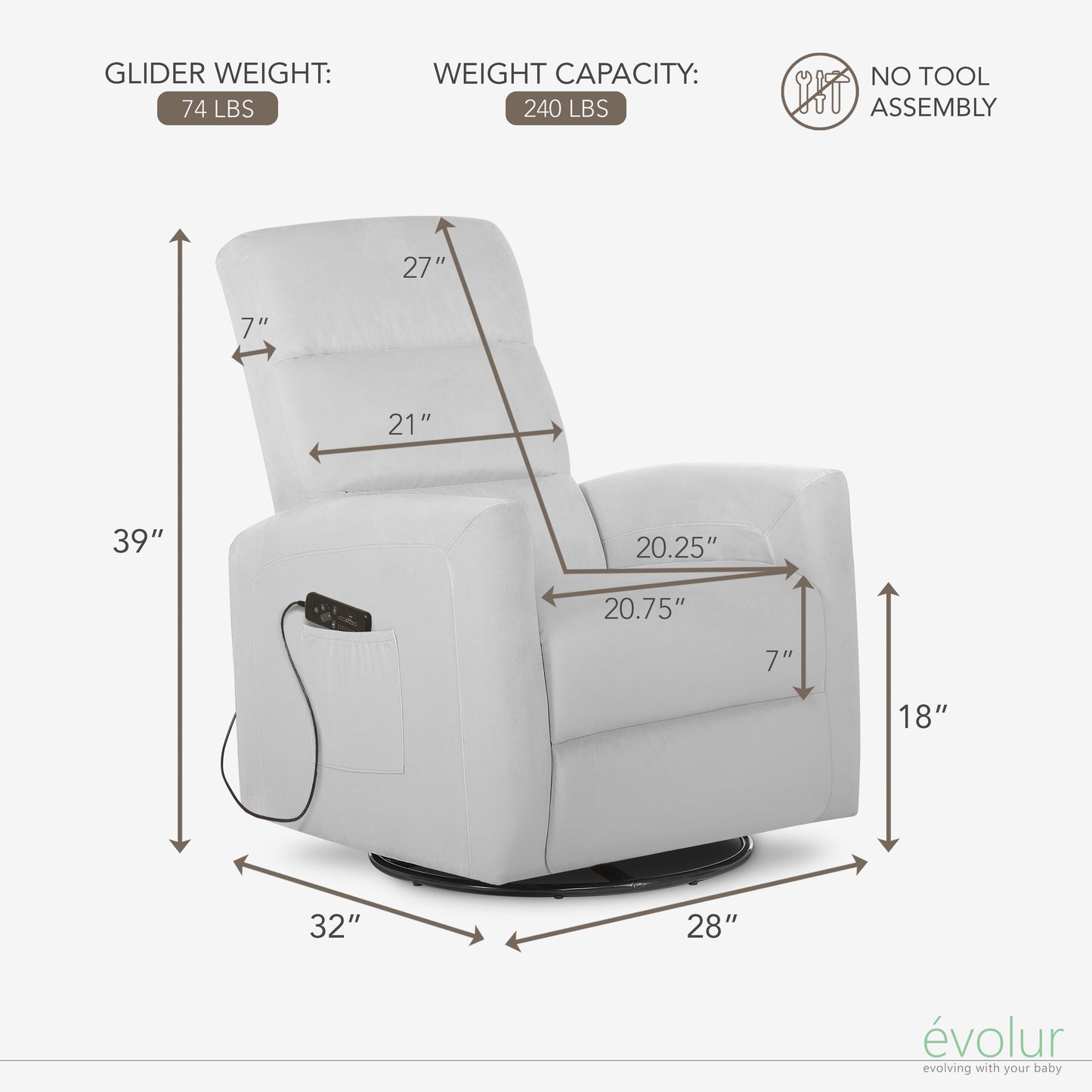 Reevo Upholstered Faux Leather Glider Chair with Swivel, Rocker, and Massage Features for Modern Nurseries - Misty Grey, Tool-Free Assembly, Easy to Clean, Eco-Friendly Design