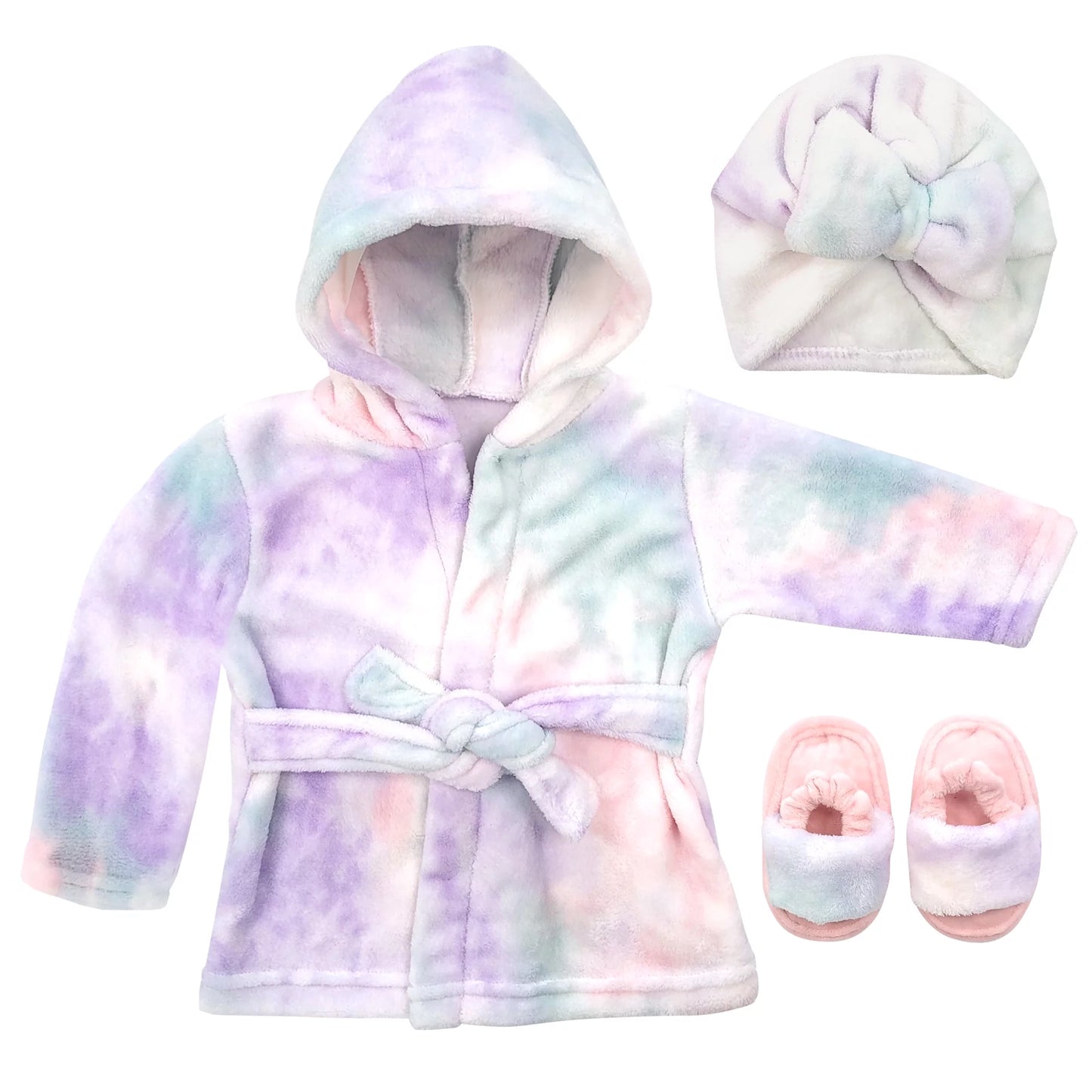 Infant Tie Dye Soft Plush Bathrobe Set with Coordinating Towel, Slippers, and Turban (12-24 Months)
