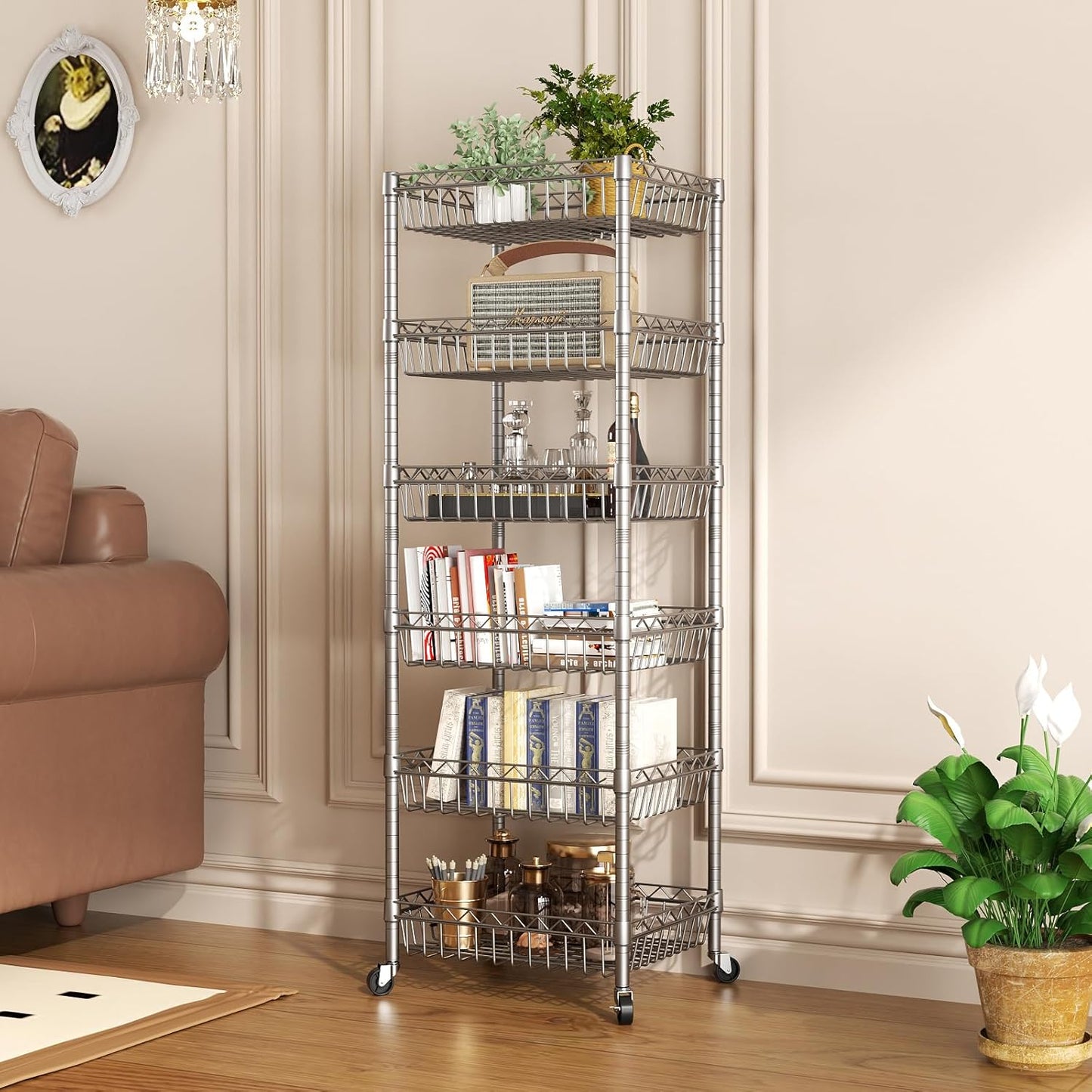 Adjustable Metal Wire Shelving Unit with Wheels for Kitchen, Laundry, and Pantry Organization - 13.5" D x 13.5" W x 63" H - Silver Finish