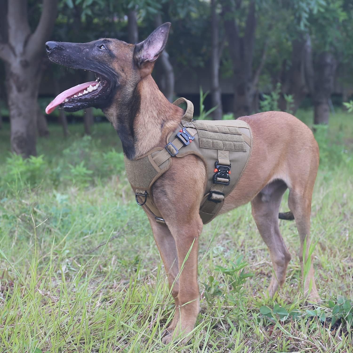 Tactical Dog Harness with 4X Metal Buckle,Working Dog MOLLE K9 Vest with Handle,No Pulling Front Clip,Adjustable Pet Harness for Large Dogs (L (28"-35" Chest), Brown)