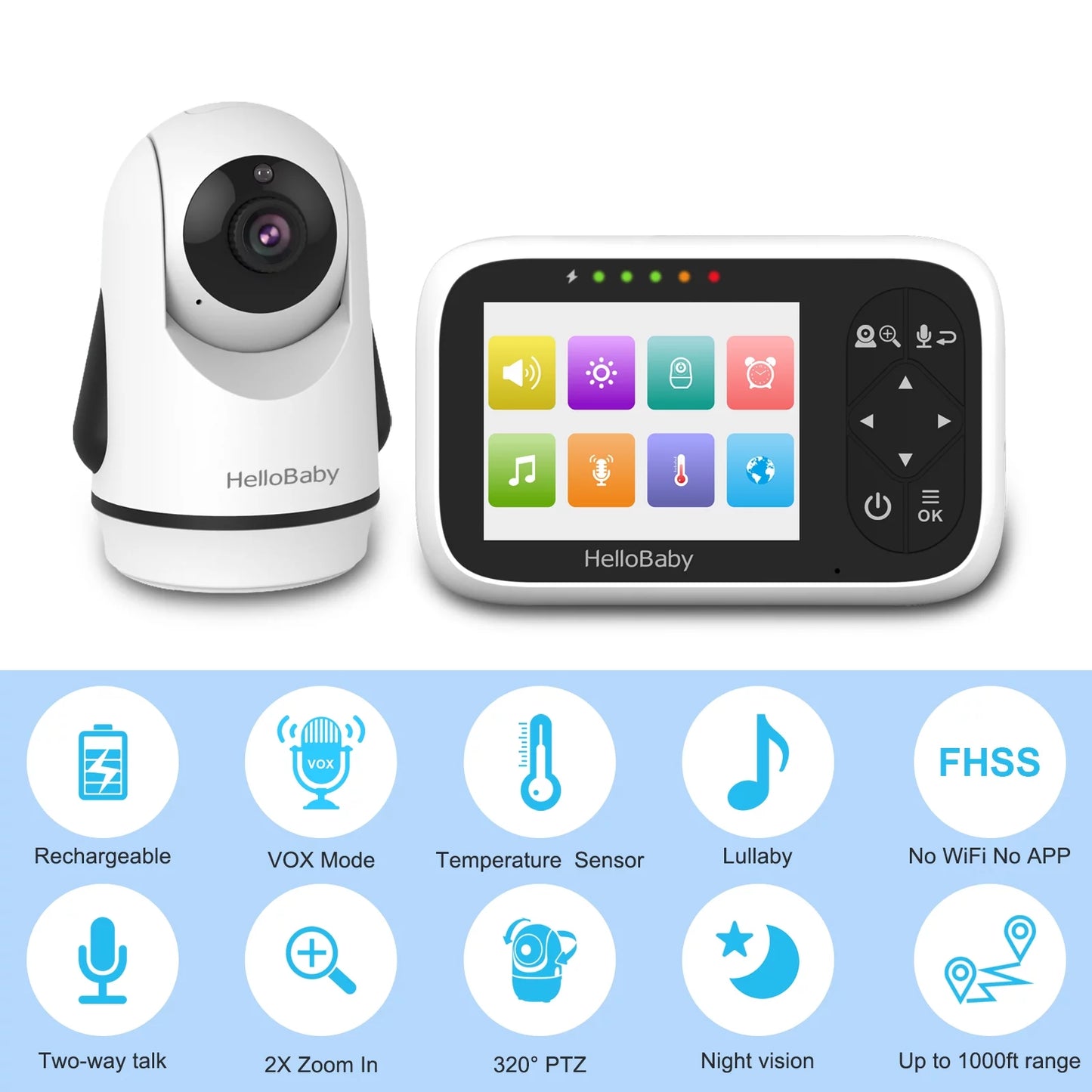 Hb6336 Non-WiFi Baby Monitor with Camera and Audio, 3.2" IPS Color Display, Remote Pan and Zoom, Infrared Night Vision, 1000 Ft Range, Wall Mountable