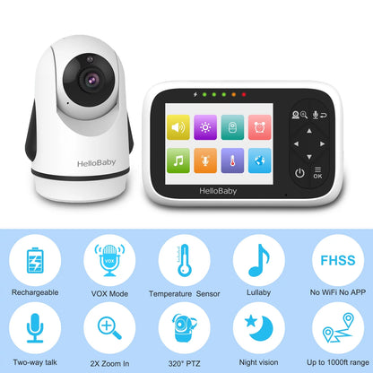 Hb6336 Non-WiFi Baby Monitor with Camera and Audio, 3.2" IPS Color Display, Remote Pan and Zoom, Infrared Night Vision, 1000 Ft Range, Wall Mountable