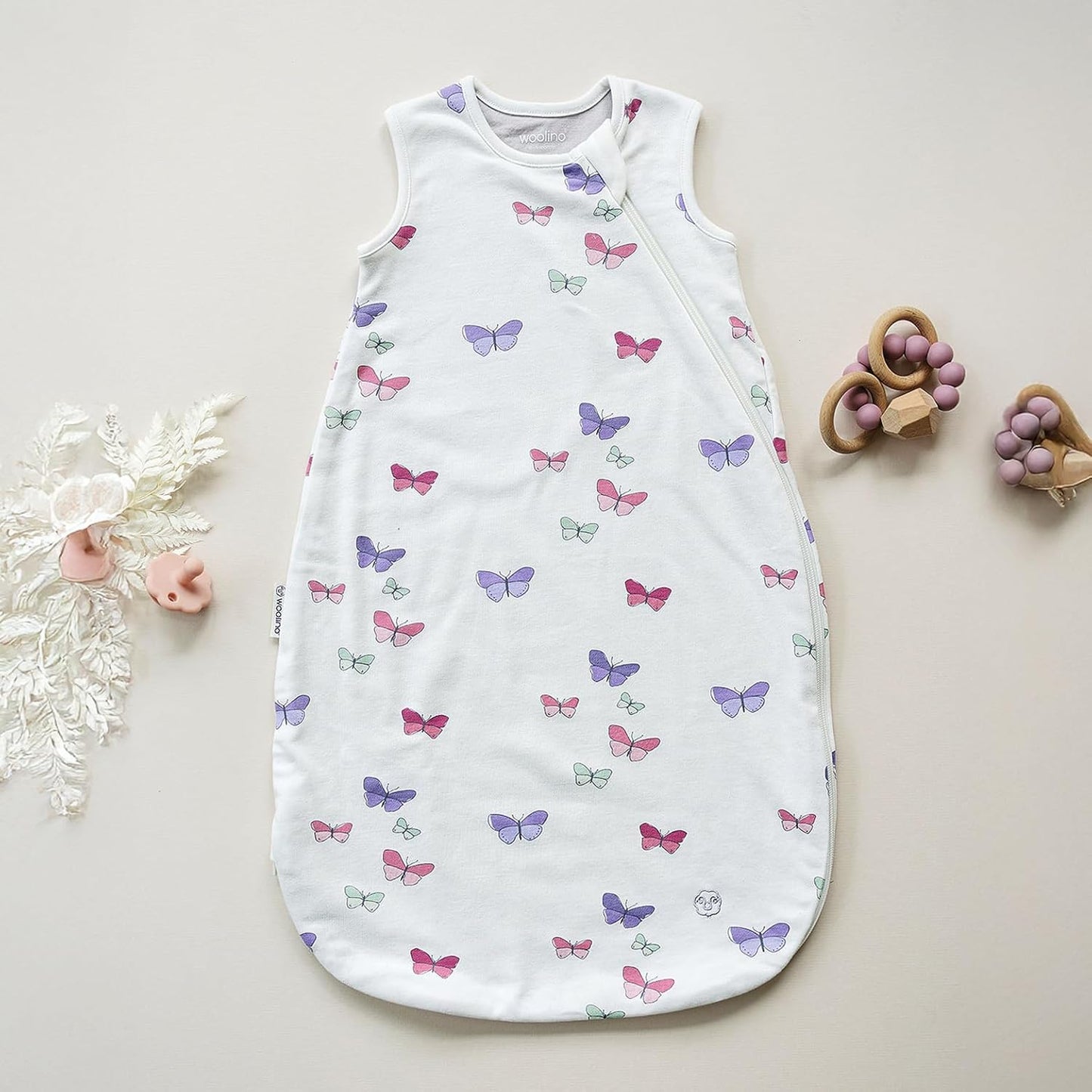 Merino Wool and Organic Cotton Baby Sleeping Bag - Classic 4-Season Sleep Sack with Two-Way Zipper for Ages 18-36 Months - Butterfly Design