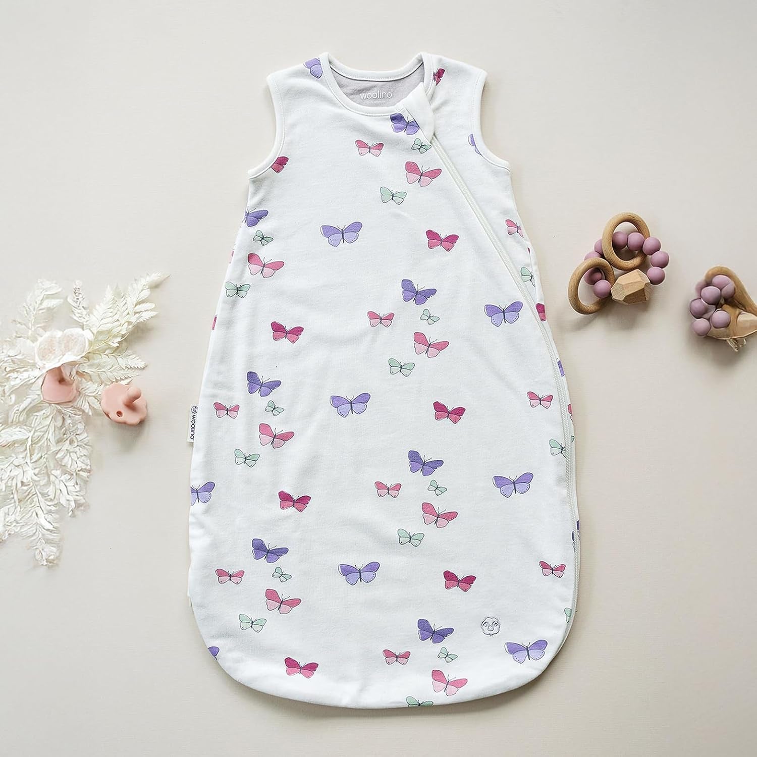 Merino Wool and Organic Cotton Baby Sleeping Bag - Classic 4-Season Sleep Sack with Two-Way Zipper for Ages 18-36 Months - Butterfly Design