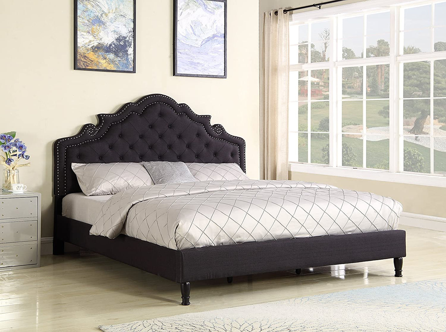 Premiere Classics 51" Tall King Platform Bed with Upholstered Headboard and Slats - Black Linen