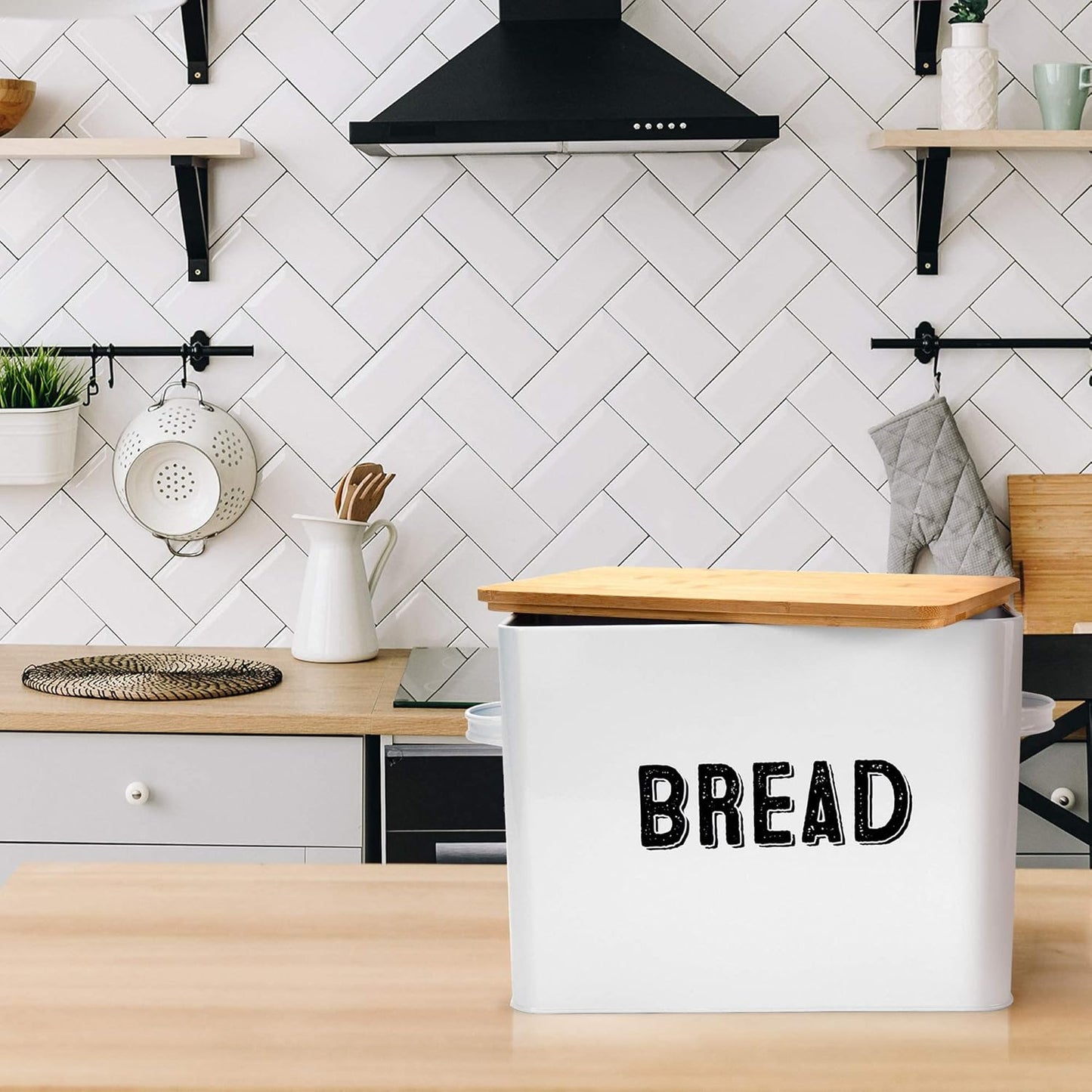 Bread Box, Retro Metal Cake Bin W/Bamboo Wooden Lid, Space Saving Bread Box Storage Container, Compact Tin Basket for Longer and Fresher Food, Rolls